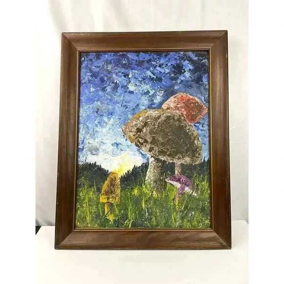 VTG Colorful Trippy Mushroom Acrylic Painting 1970's Landscape 21"x 27.5" - Picture 1 of 9